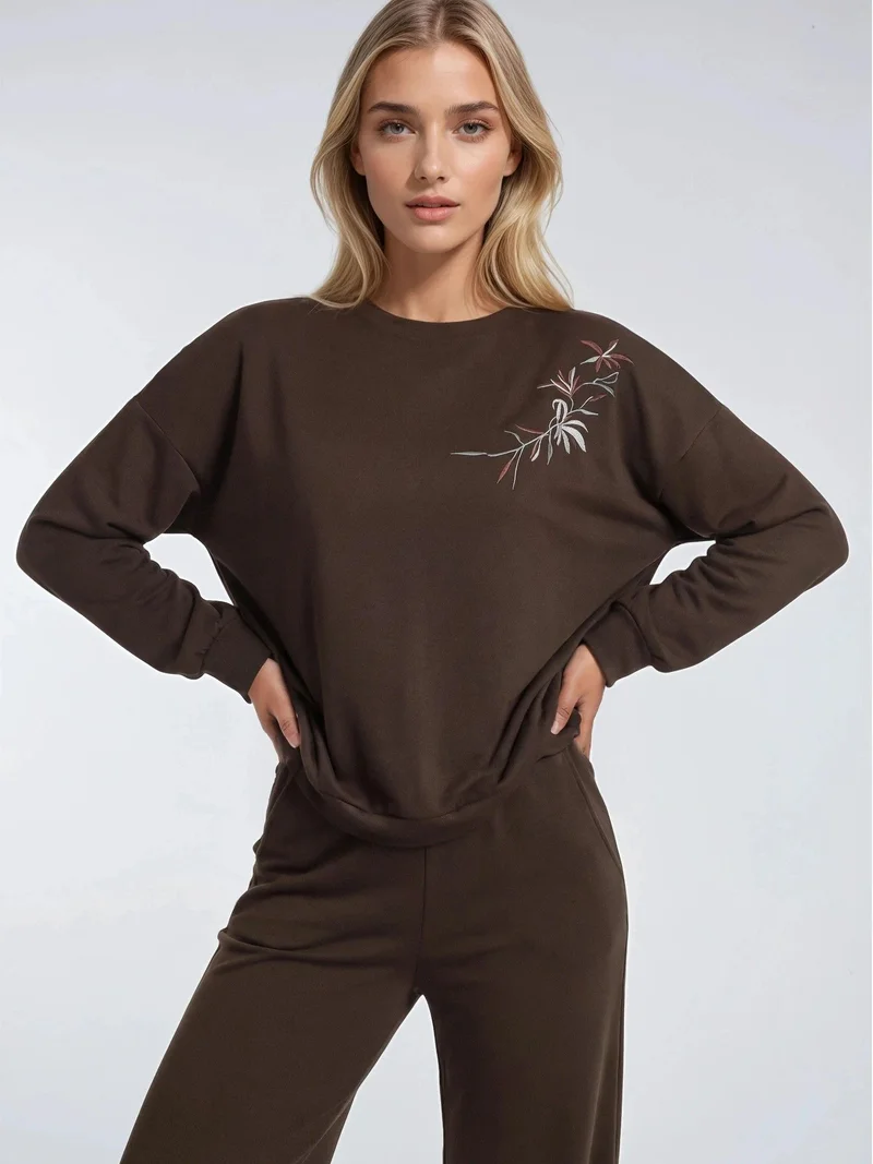 HICCUP Embroidered Crew Neck Sweatshirt & Straight Leg Pants Two-Piece Set Bersan Collection